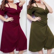 Sexy Off-shoulder V-neck Short Sleeve Plus-size Sling Dress