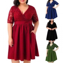 Sexy V-neck Short Sleeve Lace Spliced Plus-size Dress