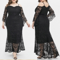 Sexig off-shoulder långärmad asymmetrisk fåll Spetsskarvad Plus-size klänning