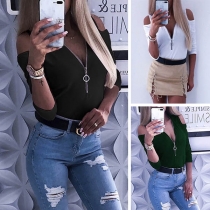 Sexy Off-shoulder Long Sleeve Front-zipper Slim Fit Top