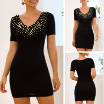 Sexy V-neck Short Sleeve Slim Fit Beaded Knit Dress