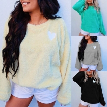 Fashion Heart Pattern Long Sleeve Round Neck Plush Sweatshirt 