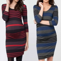 Fashion Long Sleeve Round Neck Slim Fit Striped Maternity Dress