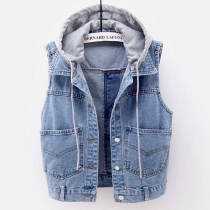 Mode denimväst med huva framficka, (Size Run Small)