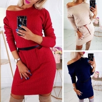Fashion Solid Color Long Sleeve Round Neck Sweater Dress