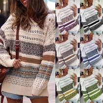 Fashion Contrast Color Long Sleeve Round Neck Hollow Out Sweater