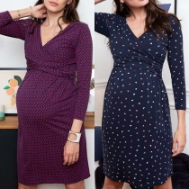 Fashion Long Sleeve V-neck High Waist Printed Maternity Dress