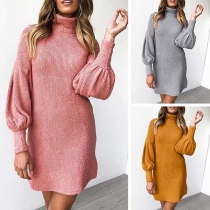 Fashion Solid Color Lantern Sleeve Turtleneck Knit Dress