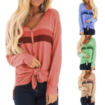 Fashion Contrast Color Long Sleeve V-neck Top 