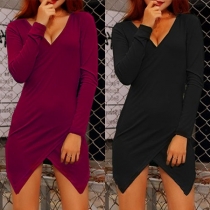 Sexy V-neck Long Sleeve Irregular Hem Slim Fit Dress
