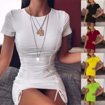 Fashion Short Sleeve Round Neck Drawstring Hem Wrinkled Dress(It runs small)