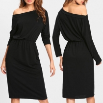 Sexy Oblique Shoulder Long Sleeve Solid Color Dress