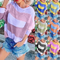 Casual Style Round Neck Stripe Contrast Color Long Sleeve Top