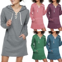 Huvtröja Klänning med Snörning och Ficka för Casual Stil