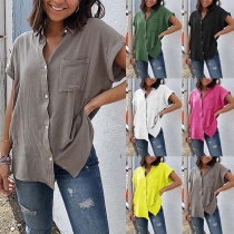 Casual Style Solid Color Button Front Short Sleeve Blouse