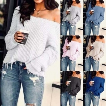 Fashion Solid Color Long Sleeve Boat Neck Frayed Hem Sweater