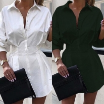Fashion Solid Color Long Sleeve POLO Collar Long Shirt