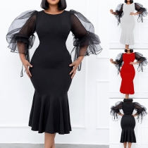 Sexy Gauze Spliced Boat Neck Solid Color Plus-size Party Dress