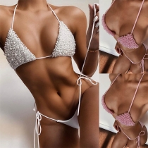 Sexy Low-waist Solid Color Pearl Inlaid Bikini Set