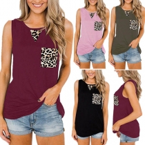 Fashion Leopard Spliced Sleeveless Round Neck Top