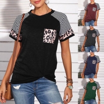 Fashion Stripe Spliced Short Sleeve Round Neck Twisted Hem T-shirt