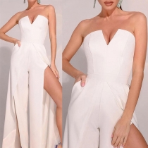 Sexig Off-shoulder V-ringad Enfärgad Vida Byxor Byxdress
