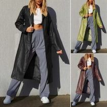 Fashion Leather Spliced Long Sleeve Woolen Coat