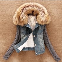 Fashion Fur Collar Knitting Long Sleeve Denim Coat(The size falls small)