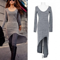 OL Style Irregular Hem Long Sleeve Round Neck Dress