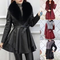Fashion Fur Collar PU Leather Trench Coat