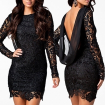 Sexy Backless Chiffon Spliced Long Sleeve Lace Dress