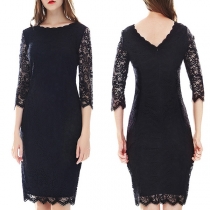 Fashion Solid Color Short Sleeve Slim Fit Lace Dress