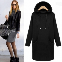Fashion Solid Color Long Sleeve Hooded Sweatshirt Dress