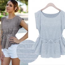 Fashion Round Neck Short Sleeve Gathered Waist Striped T-shirt