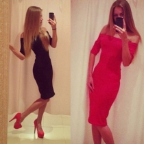 Sexy Slash Neck Half Sleeve Solid Color Slim Fit Dress