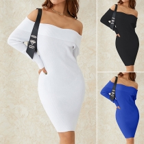 Fashion Slash Neck Long Sleeve Slim Fit Knitted Dress