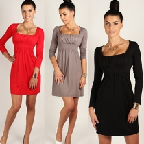 Fashion Solid Color Square Collar High Waist Dress