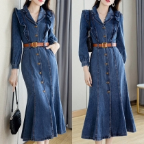 Retro Single-breasted 3/4 Sleeve Slim Fit Denim Maxi Dress