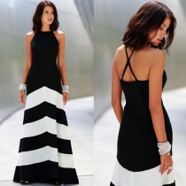 Sexy Backless Sleeveless Striped Maxi Dress
