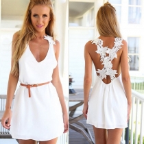 Casual Solid Sleeveless Crochet Crisscross Back V-Neck Tank Dress