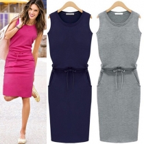Fashion Sleeveless Round Neck Gathered Waist Solid Color Dress