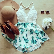 Sexy Lace Spliced Backless Deep V-neck Printed Sling Rompers