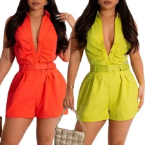 Sexig Solid Ärmellös Korsad Plisserad Jumpsuit