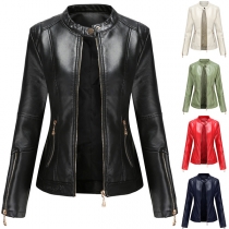 Fashion Solid Color Long Sleeve Slim Fit PU Leather Jacket