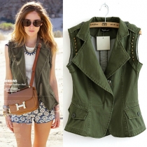 Retro Style Solid Color Oblique Zipper  Rivet Sleeveless Jacket Vest