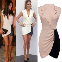 OL Style Sleeveless Contrast Color Irregular Hem Slim Fit Dress