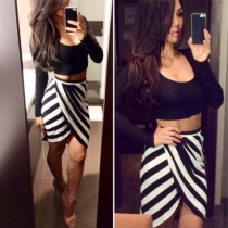 Sexy Long Sleeve Round Neck Crop Top + Contrast Color Strip Irregular Hem Skirt
