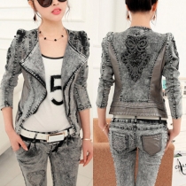 Fashion PU Leather Spliced Hand-beaded Long Sleeve Denim Jacket
