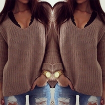 Retro Style Long Sleeve V-neck Hollow Out Knitted Sweater