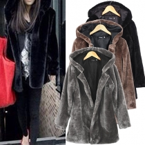 Fashion Solid Color Long Sleeve Hooded Plush Coat